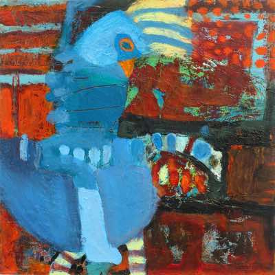Catherine Weld - The Chicken and her Master - oil on board - 30 x 30 cm - €500
