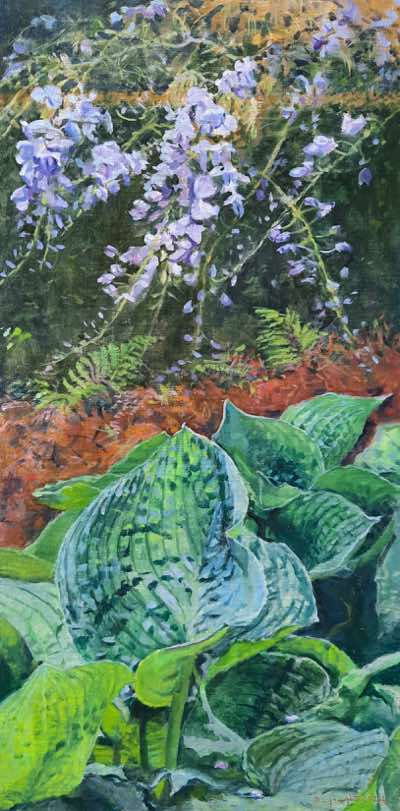 Damaris-Lysaght - Wisteria and Hostas - oil-on-canvas-on-panel - 45x22cm - €735