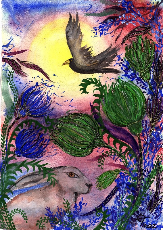 ETAIN HICKEY - Evening Hare with Rook - watercolour & gouache - 60 x 48 cm - €390