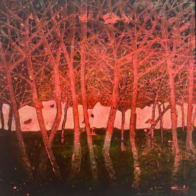 Jacqueline O'Driscoll - Red Evening Trees - mixed media on board - 30 x 30 cm - €490