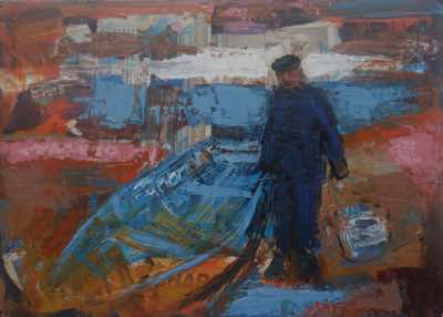 Christine Thery - Those were the Days - Painting the Punt - mixed media on canvas - 25 x 36 cm - SOLD