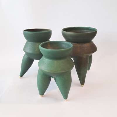 Eve & Brian Lalor - Three Green Tripods - handpainted stoneware - €130 each