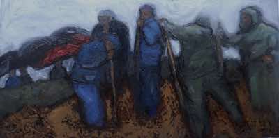 Christine Thery - Winter Funerals - The Red Umbrella - oil on canvas - 31 x 61 cm - €800