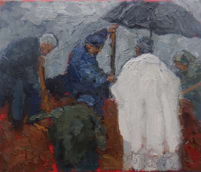 Christine Thery - Winter Funerals - The Man in White - oil on canvas - 16 x 30 cm - €600